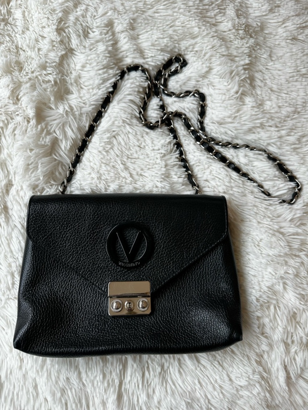 MARIO VALENTINO Isabelle Dollaro Black Leather Chain Crossbody Shoulder Bag